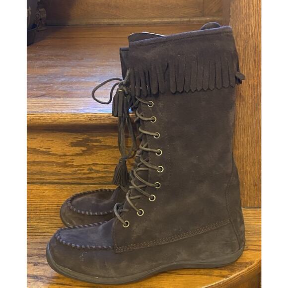 L.L. Bean Boots 10M Brown Suede Side Zip Lace Up Front Fringe Trim Moccasin Tall - Picture 3 of 9
